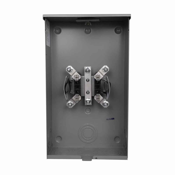 Eaton 1007448ACH meter socket, Resi type cover, 200A, Over/under, 3-5/16 inch hub open, 3/8 inch stud, 4-jaw, 1-ph, 3/8 inch stud, 3-wire, Ringless, 600 Vac