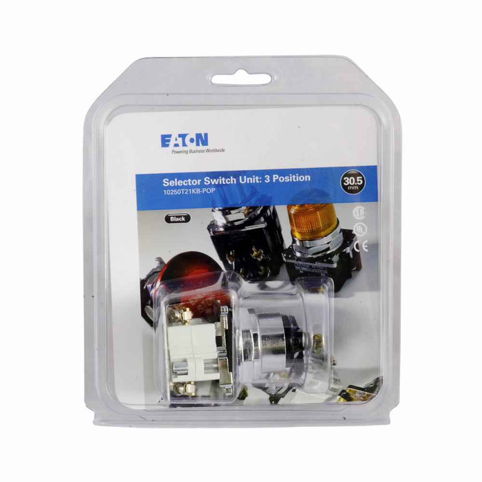 Eaton 10250T21KB-POP Heavy-duty assembled selector switch, 10250T, 30.5 mm, 60° throw, NEMA 3, 3R, 4, 4X, 12, 13, Non-illuminated, Three-position, Maintained, Knob, Black actuator, 2NO
