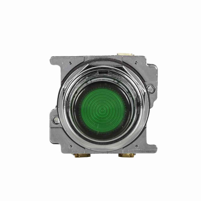 Eaton 10250T397LGD2A-51 10250T pushbutton, 30.5 mm, Heavy-Duty, NEMA 3, 3R, 4, 4X, 12, 13, Illuminated, Momentary, Extended, Green actuator, LED, full voltage light unit, 1NC, 120 Vac/dc light unit, Chrome bezel, 120 Vac/dc lamp, Plastic actuator