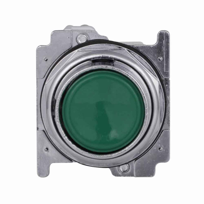 Eaton 10250T30GS33 10250T pushbutton, 30.5 mm, Heavy-Duty, Standard, square, NEMA 3, 3R, 4, 4X, 12, 13, Non-illuminated, Momentary, Green actuator, Black field, START, Flush, 1NO-1NC, Chrome bezel, Plastic actuator