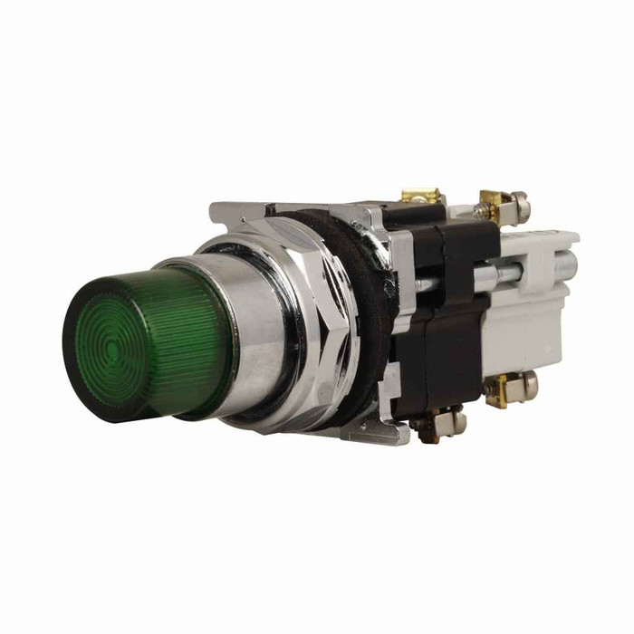 Eaton 10250T76G 10250T pushbutton, 30.5 mm, Heavy-Duty, NEMA 3, 3R, 4, 4X, 12, 13, Illuminated, Momentary, Extended, Green actuator, Incandescent, transformer light unit, 1NO-1NC, 120 V light unit, Chrome bezel, #755, Plastic actuator