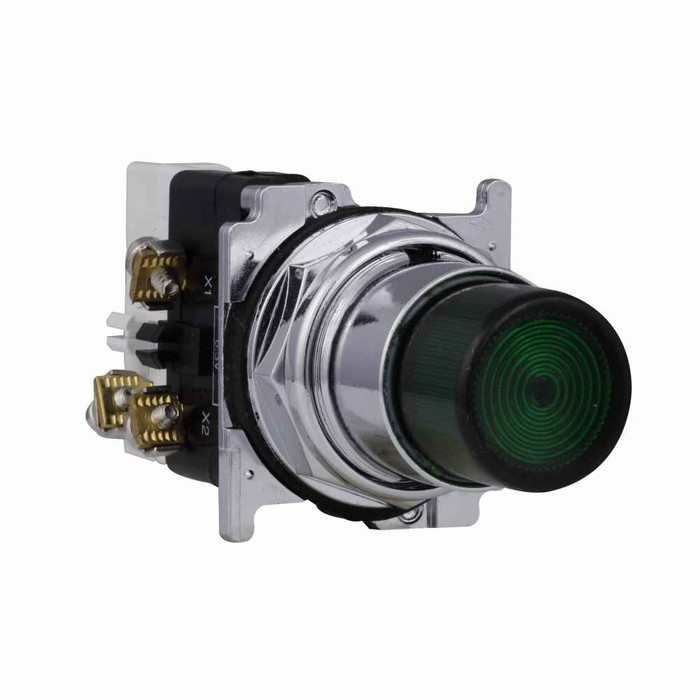 Eaton 10250T75G 10250T, 30.5 mm, Heavy-Duty, NEMA 3, 3R, 4, 4X, 12, 13, Illuminated, Momentary, Extended, Green actuator, Incandescent, transformer light unit, 1NO, 120 Vac light unit, Chrome bezel, #755, Plastic actuator