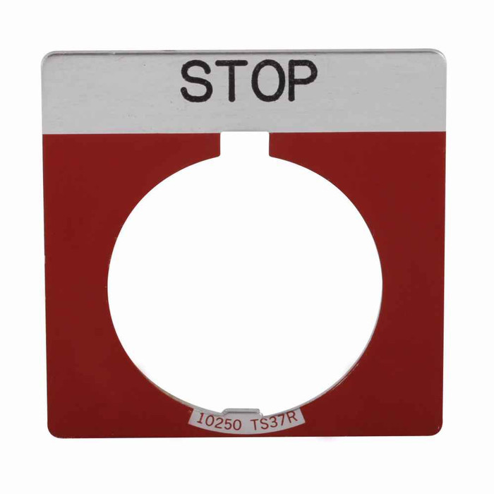 Eaton 10250TS37STAMP 10250T, Legend plate, Standard, square, Used with 10250T Series, Pushbutton Operators and Indicating Lights, Red field, Custom engraved legend, White letters