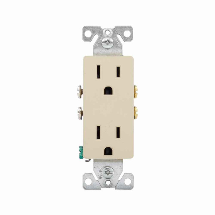 Eaton 1107V-BOX residential grade duplex receptacle, #14-10 AWG, 15A, Commercial|Residential, Flush, 125V, Side and push, Ivory, Brass, Impact-resistant thermoplastic, 5-15R, Duplex, Screw, Thermoplastic, ED Box