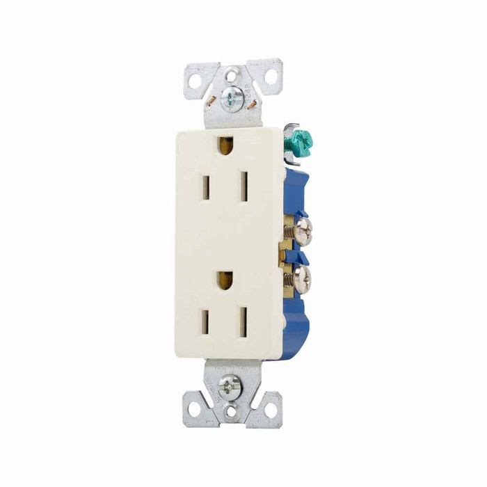 Eaton 1107-9A residential grade duplex receptacle, #14-10 AWG, 15A, Decorator, Commercial|Residential, Flush, 125V, Side and push, Almond, Brass, Impact-resistant thermoplastic, 5-15R, Duplex, Screw, Thermoplastic, Core pack, Auto-grounding