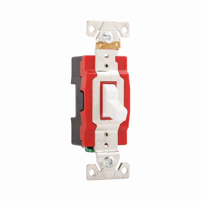 Eaton 1221W construction grade toggle switch, #14-10 AWG, 20A, Flush, 120/277V, Back and side, Screw, White, Single-Pole, Single-Pole, Brass, Polycarbonate