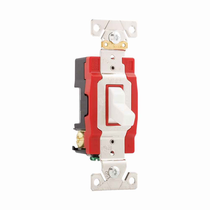 Eaton 1223W construction grade toggle switch, #14-10 AWG, 20A, Industrial, Wall, 120/277V, Back and side, Screw, White, Three-Way, Polycarbonate