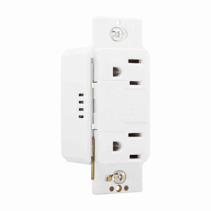 Eaton 1208W SurgeBloc protection receptacle, Audible alarm, auto-ground, Stand 6" #12 AWG leads, 15A, Comm, Wire leads, 340J, 2 recept, 0° to 40°C, Wht, Brs, Strght blade, Polycarb top and bottom, 5-15R, Dplx