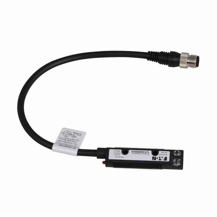 Eaton 12100RQD03 Comet 18mm tubular photoelectric sensor, Through Beam, Right Angle, Output ON, Dual key micro, 300 mA AC/DC at 20-264 Vac/15-30 Vdc, 4 pin, AC: L1 switched, DC: NPN open collector, 20-264 Vac 50/60 Hz, 15-30 Vdc (NPN)