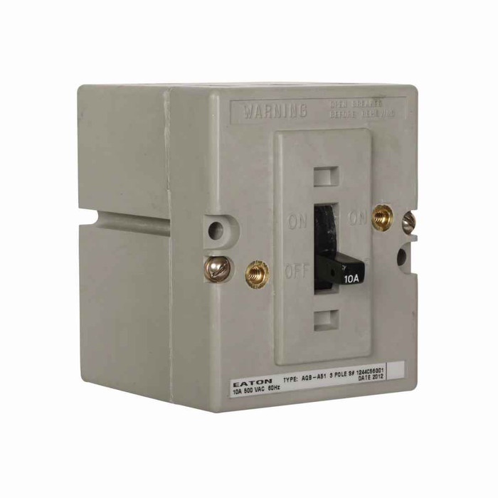 Eaton 1244C56G09 Navy and Marine complete molded case circuit breaker, AQB-A51, Complete breaker, Non-interchangeable thermal-magnetic trip type, 10A trip rating, Three-pole, 500 V, 5 kAIC, Naval, 400 Hz