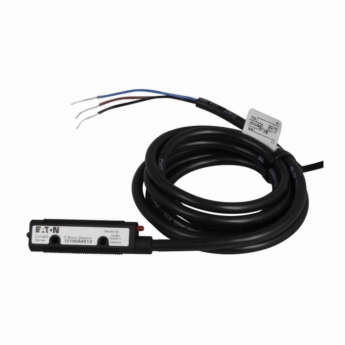 Eaton 12100A6513 Comet 18mm tubular photoelectric sensor,Through Beam, 20 ft range, Forward Viewing, Output ON, 6.6 ft, 300 mA AC/DC at 20-264 Vac/15-30 Vdc, PVC, AC: L1 switched, DC: NPN open collector, 20-264 Vac 50/60 Hz, 15-30 Vdc (NPN)