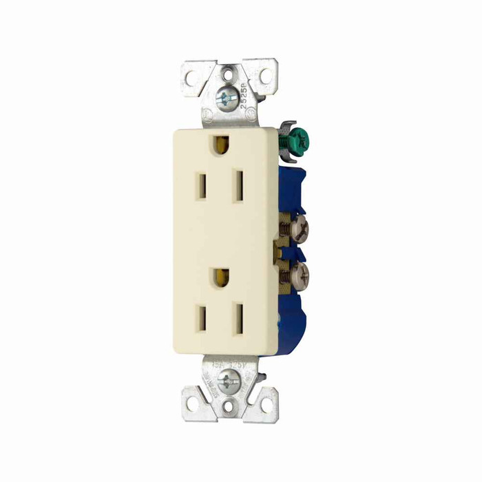Eaton 1107A residential grade duplex receptacle, #14-10 AWG, 15A, Decorator, Commercial,Residential, Flush, 125V, Side and push, Almond, Brass, Impact-resistant thermoplastic, 5-15R, Duplex, Screw, Thermoplastic, Core pack