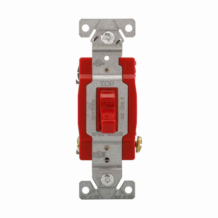 Eaton 1222RD construction grade toggle switch, #14-10 AWG, 20A, Flush, 120/277V, Back and side, Screw, Red, Double-Pole, Dual-pole, Brass, Polycarbonate