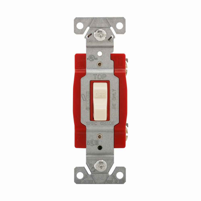 Eaton 1221A construction grade toggle switch, #14-10 AWG, 20A, Flush, 120/277V, Back and side, Screw, Almond, Single-Pole, Single-Pole, Brass, Polycarbonate