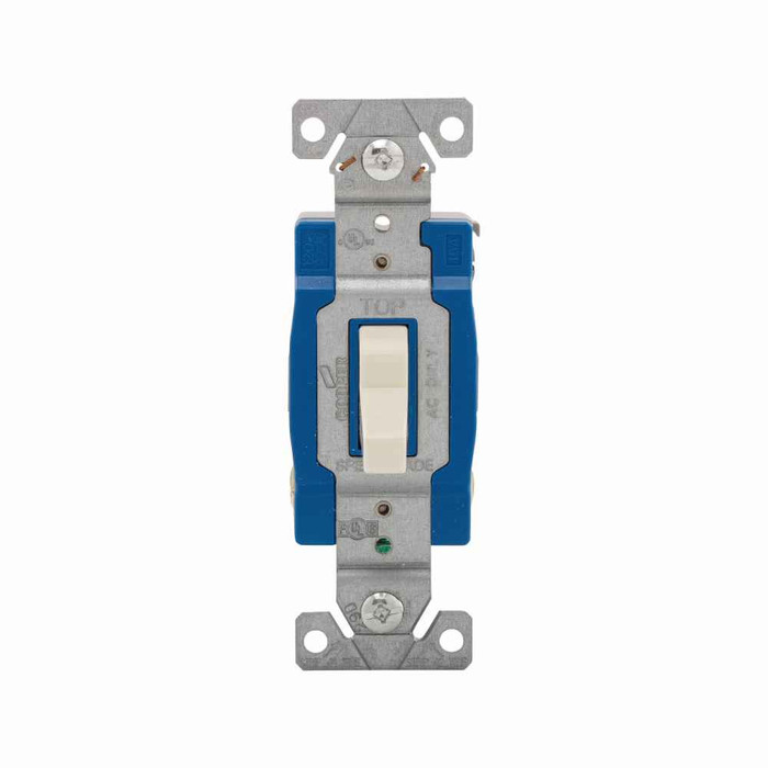 Eaton 1203A construction grade toggle switch, #14-10 AWG, 15A, Wall, 120/277V, Back and side, Screw, Almond, Three-Way, Polycarbonate