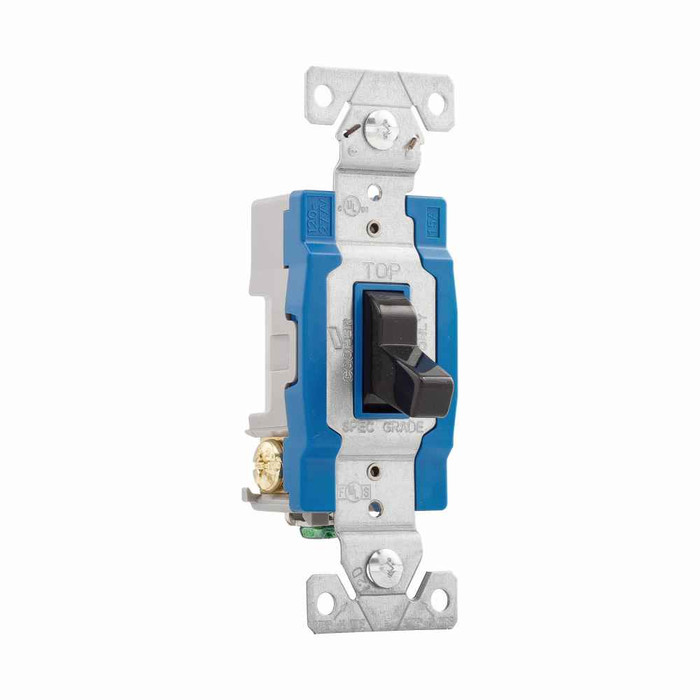 Eaton 1203BK construction grade toggle switch, #14-10 AWG, 15A, Wall, 120/277V, Back and side, Screw, Black, Three-Way, Polycarbonate
