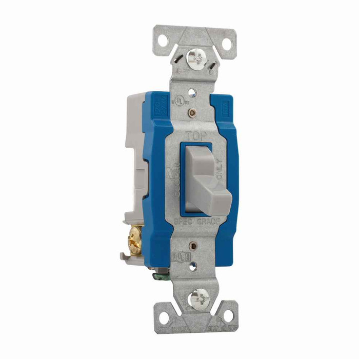 Eaton 1203GY construction grade toggle switch, #14-10 AWG, 15A, Wall, 120/277V, Back and side, Screw, Gray, Three-Way, Polycarbonate