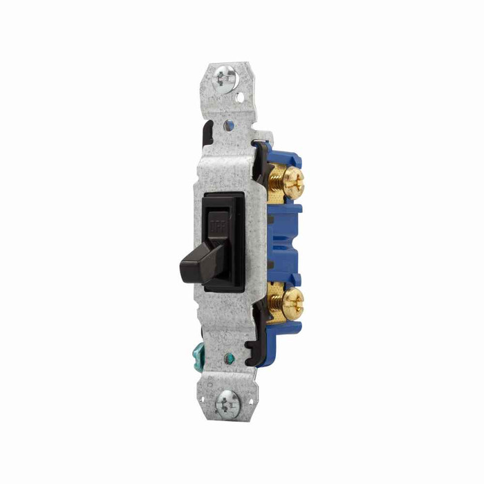 Eaton 1301-73BK toggle switch, #14-10 AWG, 15A, Flush, 120V, Side and push, Screw, Black, Load type: Motor Control, Fan, LED, Incandescent, ELV, MLV, CFL, Flourescent, Halogen, Single-Pole, Single-Pole, Polycarbonate