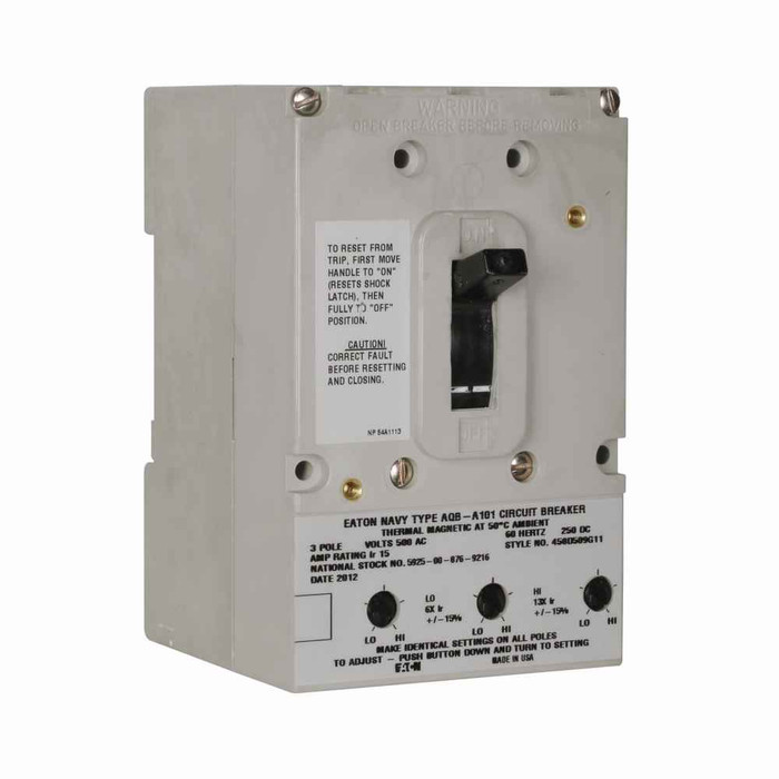 Eaton 1279C57G03 Navy and Marine complete molded case circuit breaker, AQB-A101, Three-pole, Naval, Shunt trip