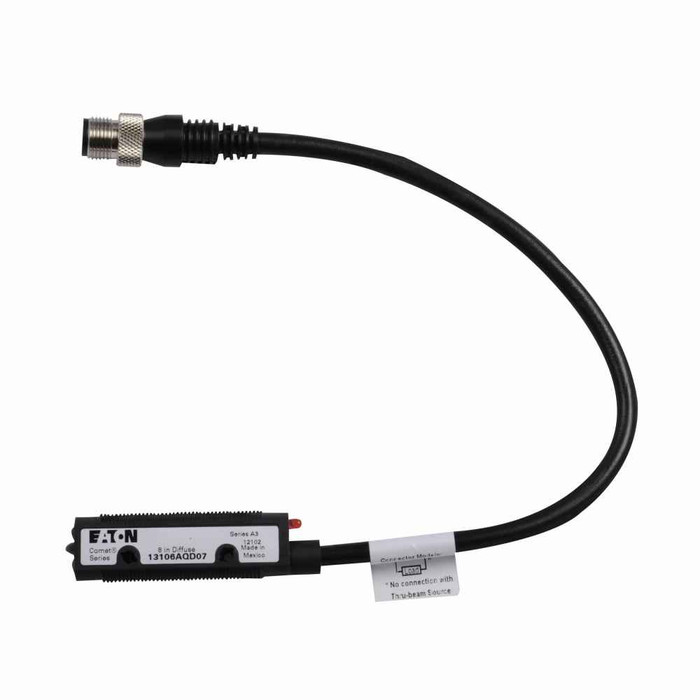 Eaton 13106AQD07 Comet 18mm tubular photoelectric sensor, Diffuse Reflective, 8 in range, Forward Viewing, Output ON, 4-pin micro DC, 100 mA PNP, 250 mA NPN at 10-30 Vdc, 4 pin, NPN and PNP open collector, 10-30 Vdc