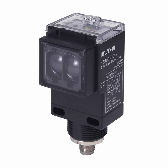 Eaton 1350E-6547 Photoelectric Sensor, Diffuse Reflective, 5 ft range, Forward Viewing, Output (green), power (yellow), alignment (red), M12, 250 mA at 10-40 Vdc, 4 pin, NPN/PNP open collector outputs, 10-40 Vdc