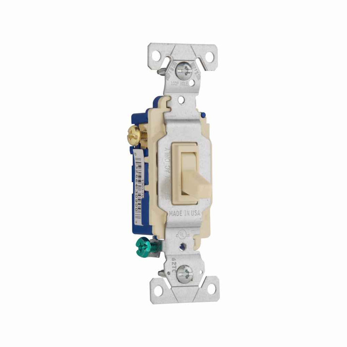 Eaton 1303-7V toggle switch, #14-10 AWG, 15A, Residential, Flush, 120V, Back and side, push wire, Screw, Ivory, Load type: Motor Control, Fan, LED, Incandescent, ELV, MLV, CFL, Flourescent, Halogen, Single-Pole, Three-Way, Three-Way