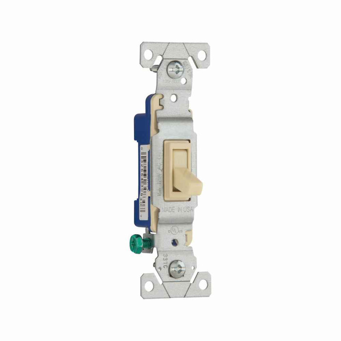 Eaton 1301-7V toggle switch, #14-10 AWG, 15A, Residential, Flush, 120V, Side and push, Screw, Ivory, Load type: Motor Control, Fan, LED, Incandescent, ELV, MLV, CFL, Flourescent, Halogen, Single-Pole, Single-Pole, Polycarbonate