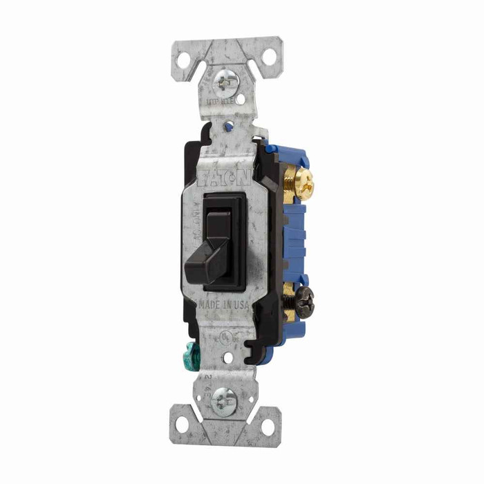 Eaton 1303-7BK toggle switch, #14-10 AWG, 15A, Residential, Flush, 120V, Back and side, push wire, Screw, Black, Load type: Motor Control, Fan, LED, Incandescent, ELV, MLV, CFL, Flourescent, Halogen, Single-Pole, Three-Way, Three-Way