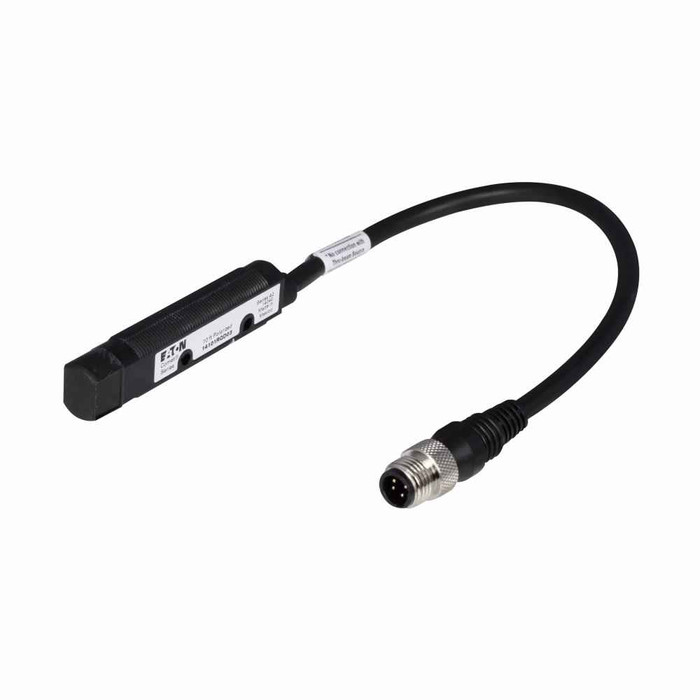 Eaton 14101RQD03 Comet 18mm tubular photoelectric sensor, Polarized Retroreflective, Right Angle, Output ON, Dual key micro, 300 mA AC/DC at 20-264 Vac/15-30 Vdc, 4 pin, AC: L1 switched, DC: NPN open collector, 20-264 Vac 50/60 Hz, 15-30 Vdc (NPN)