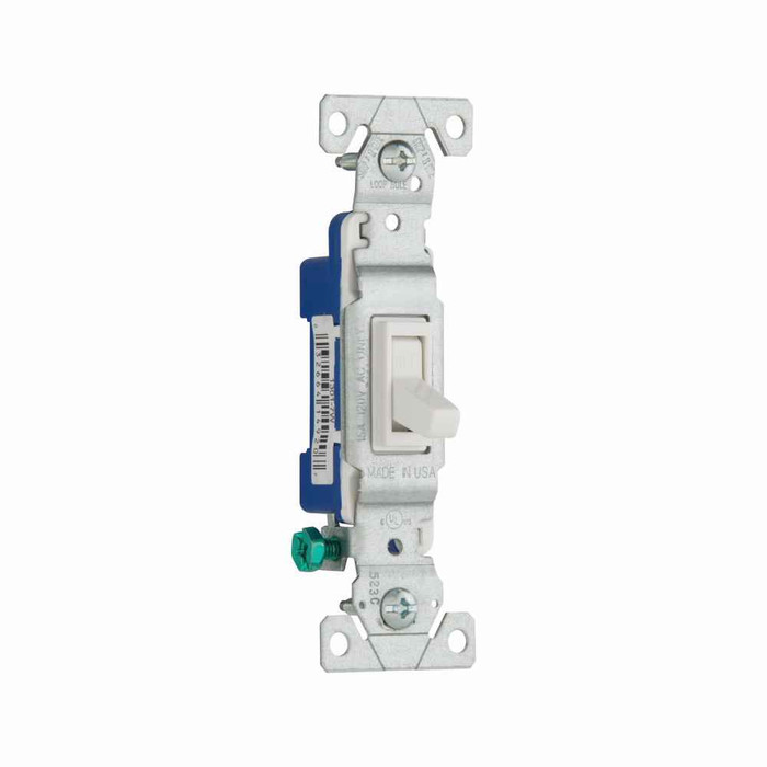 Eaton 1301-7W toggle switch, #14-10 AWG, 15A, Residential, Flush, 120V, Side and push, Screw, White, Load type: Motor Control, Fan, LED, Incandescent, ELV, MLV, CFL, Flourescent, Halogen, Single-Pole, Single-Pole, Polycarbonate