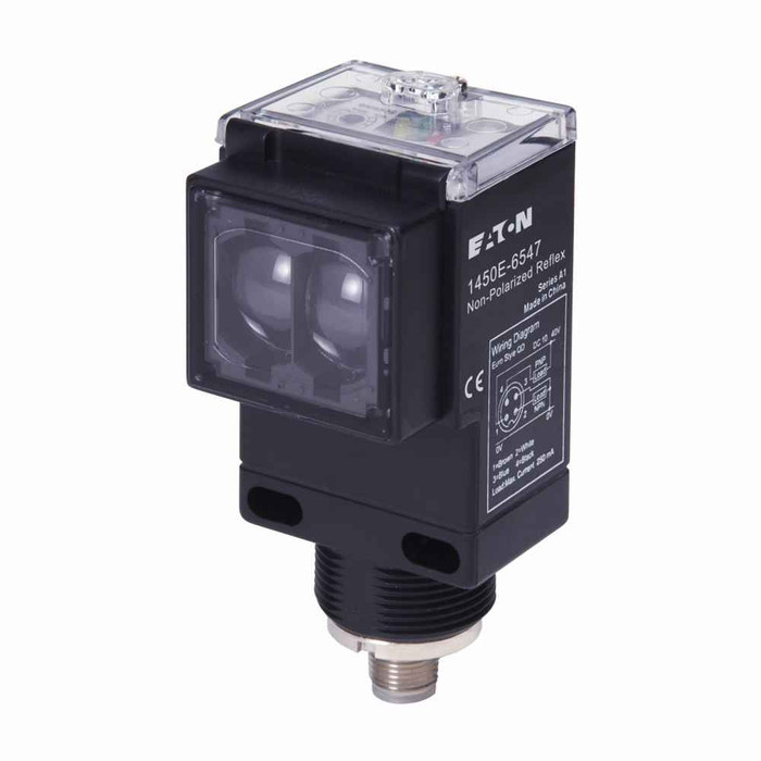 Eaton 1450E-6547 Photoelectric Sensor, Retroreflective, Forward Viewing, Output (green), power (yellow), alignment (red), M12, 250 mA at 10-40 Vdc, 4 pin, NPN/PNP open collector outputs, 10-40 Vdc