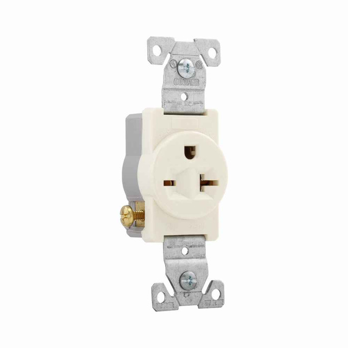 Eaton 1876A commercial specification grade single receptacle, #14-10 AWG, 20A, Commercial, Flush, 250V, Side wire, Almond, Brass, Nylon face, PVC bottom, 6-20R, Single, Screw, PVC, Core pack
