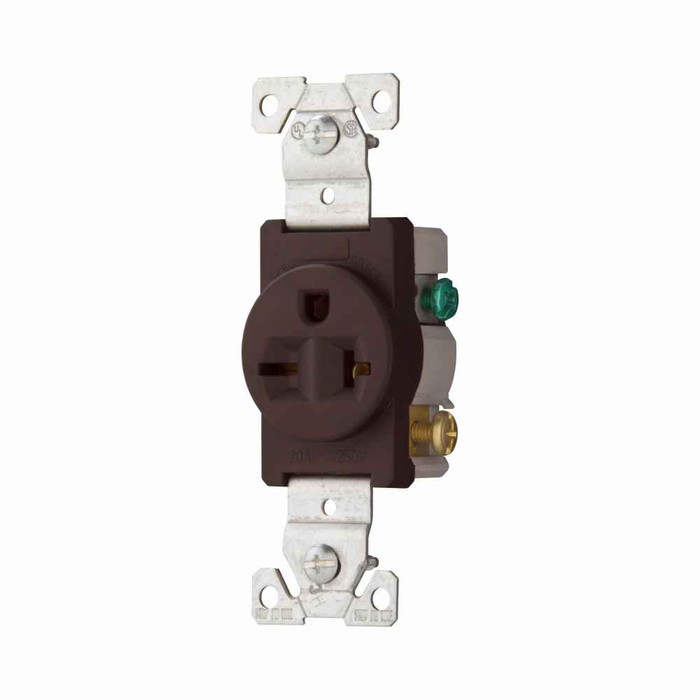 Eaton 1876B-BOX commercial specification grade single receptacle, #14-10 AWG, 20A, Commercial, Flush, 250V, Side wire, Brown, Brass, Nylon face, PVC bottom, 6-20R, Single, Screw, PVC, ED Box