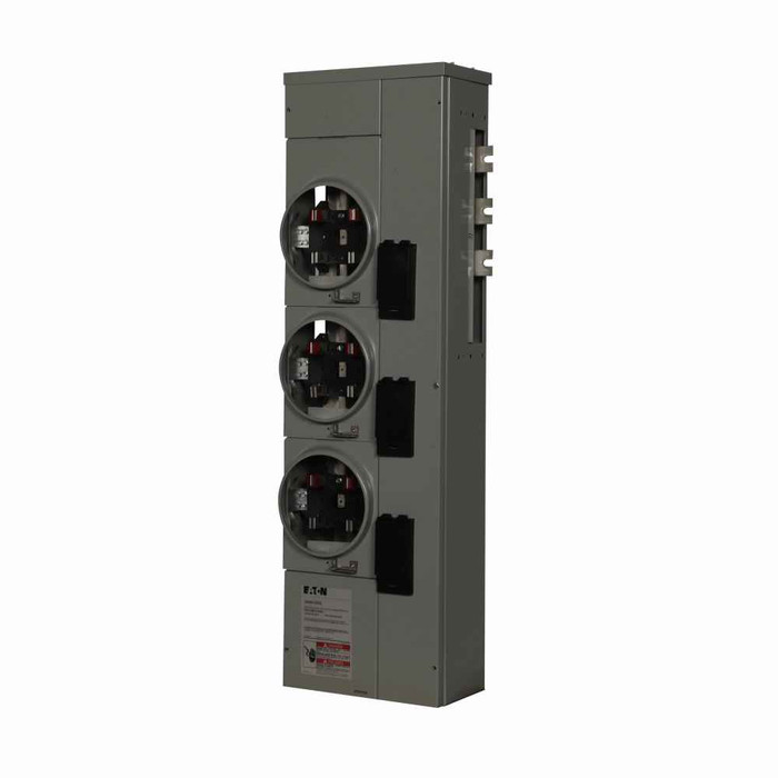 Eaton 1MM312RRL residential meter stack, Amperage rating: 125A, Bus rating: 800A, Outdoor, Interrupt rating depends on selected main circuit breaker, Single-phase in/single-phase out, 3 Sockets, Aluminum, Ringless, 120/240 Vac