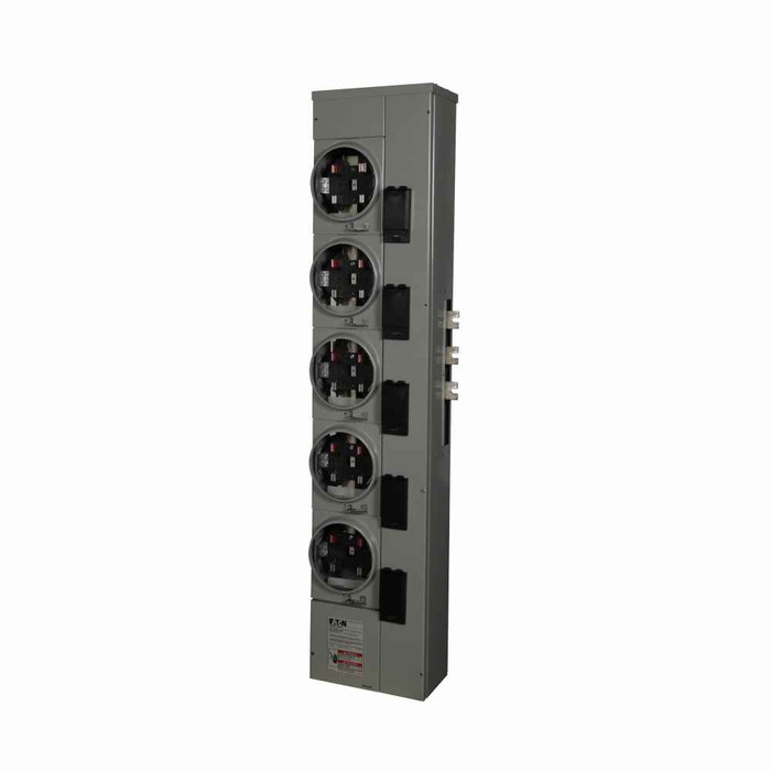 Eaton 1MM512RRL residential meter stack, Amperage rating: 125A, Bus rating: 800A, Outdoor, Interrupt rating depends on selected main circuit breaker, Single-phase in/single-phase out, 5 Sockets, Aluminum, Ringless, 120/240 Vac, 4-jaw