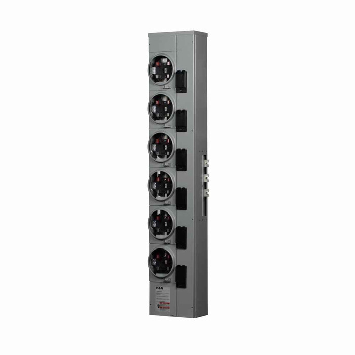 Eaton 1MM612RRLB residential meter stack, Amperage rating: 125A, Bus rating: 800A, Outdoor, Interrupt rating depends on selected main circuit breaker, Single-phase in/single-phase out, 6 Sockets, Aluminum, Ringless with horn bypass, 120/240 Vac, 4-ja