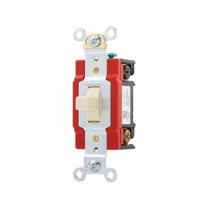 Eaton 2225V Arrow Hart industrial grade toggle switch, Maintained toggle, #14-10 AWG, 20A, Flush, 120/277V, Back/side, Screw, Ivory, Load type: Motor Control, Fan, LED, Incandescent, ELV, MLV, CFL, Flourescent, Halogen, 1-pole, Brass, Urea