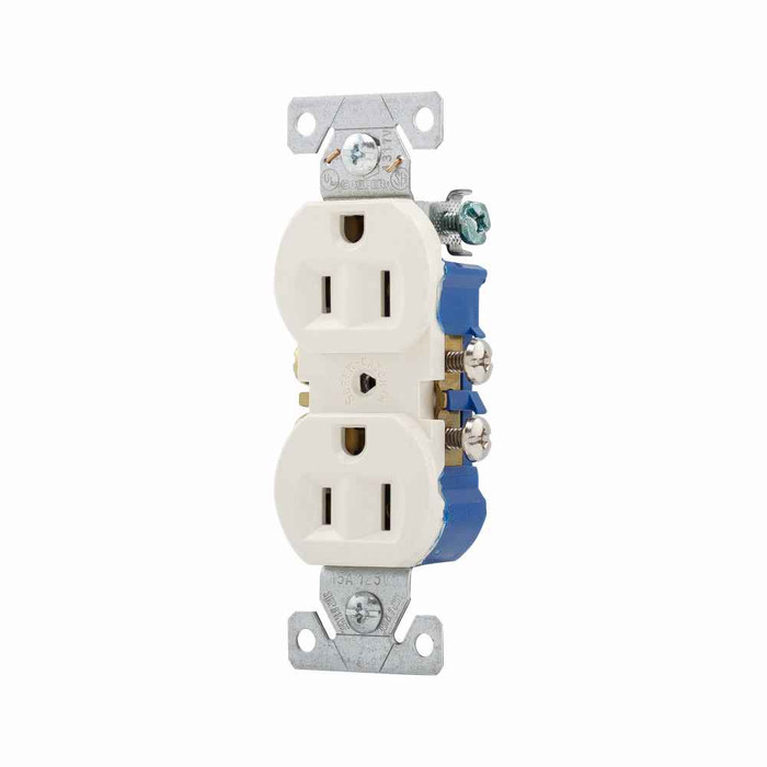 Eaton 270-9LA residential grade duplex receptacle, #14-10 AWG, 15A, Commercial|Residential, Flush, 125V, Side and push, Light almond, Brass, Impact-resistant thermoplastic, 5-15R, Duplex, Screw, Thermoplastic, Core pack, Auto grounding