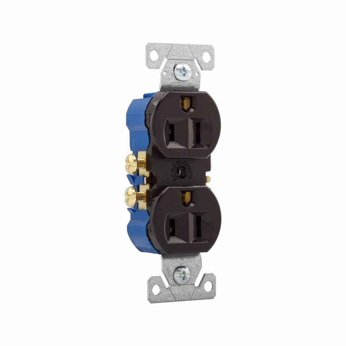 Eaton 270B residential grade duplex receptacle, #14-10 AWG, 15A, Commercial|Residential, Flush, 125V, Side and push, Brown, Brass, Impact-resistant thermoplastic, 5-15R, Duplex, Screw, Thermoplastic, Core pack