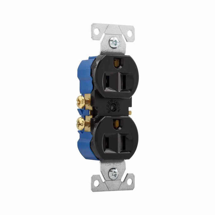Eaton 270BLK residential grade duplex receptacle, #14-10 AWG, 15A, Commercial|Residential, Flush, 125V, Side and push, Black, Brass, Impact-resistant thermoplastic, 5-15R, Duplex, Screw, Thermoplastic, Core pack