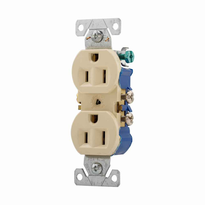Eaton 270V residential grade duplex receptacle, #14-10 AWG, 15A, Commercial|Residential, Flush, 125V, Side and push, Ivory, Brass, Impact-resistant thermoplastic, 5-15R, Duplex, Screw, Thermoplastic, Core pack