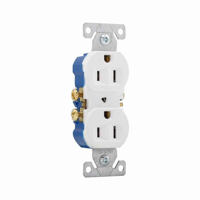 Eaton 270W residential grade duplex receptacle, #14-10 AWG, 15A, Commercial|Residential, Flush, 125V, Side and push, White, Brass, Impact-resistant thermoplastic, 5-15R, Duplex, Screw, Thermoplastic, Core pack
