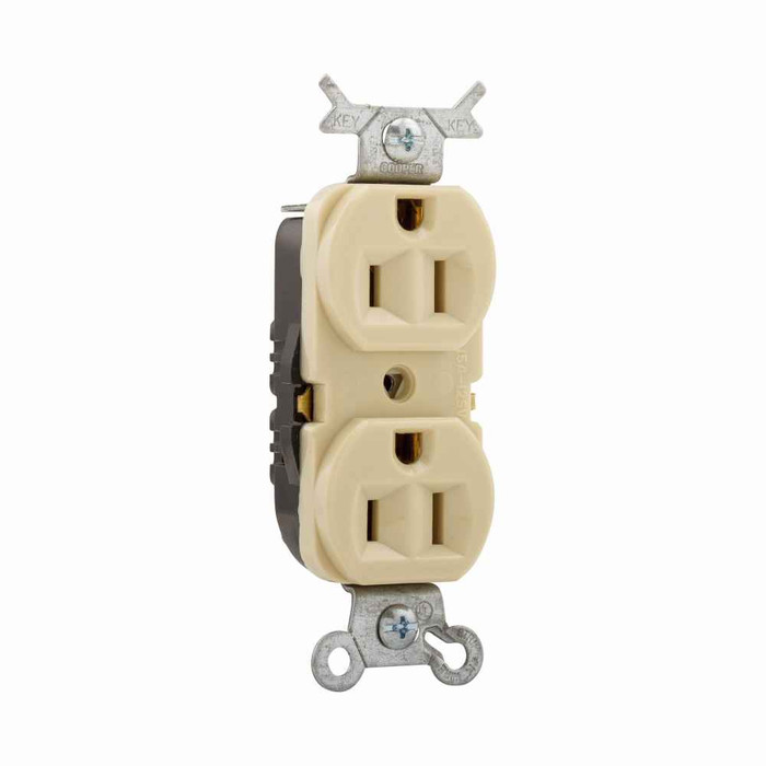 Eaton 298V-BU residential grade duplex receptacle, #14 AWG, 15A, Commercial|Residential, Flush, 125V, Push wire, Ivory, Brass, High-impact thermoplastic, 5-15R, Duplex, Screw, Thermoplastic