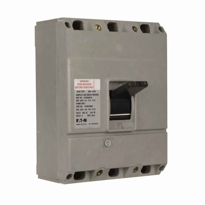 Eaton 313C682G21 Navy and Marine complete molded case circuit breaker, AQB-A250, Complete breaker, 150NM, Fixed thermal, fixed magnetic trip type, 1950-4100A trip rating, Three-pole, 150A, 500 V, 250 Vdc, 20 kAIC at 500 V, 15 kAIC at 250 Vdc, Naval