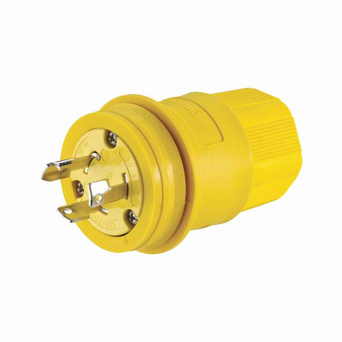 Eaton 3331PW Arrow Hart watertight locking plug, #18-10 AWG, 30A, Industrial, 125/250V, Back wiring, Yellow, Brass, Watertight, Non-NEMA, Three-pole, Three-wire, non-grounding, Santoprene thermoplastic elastomeric, 0.43 to 1.15 in