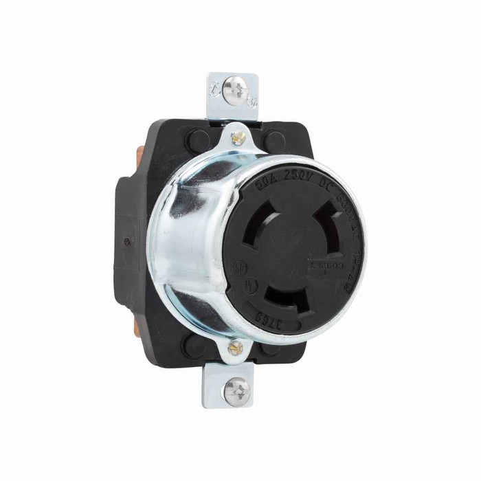 Eaton 3769 locking receptacle, #10-6 AWG, 50A, Industrial, 600 Vac, 250Vdc, Back wiring, Black, Single, Non-NEMA, Three-pole, Four-wire, grounding, Steel, California standard
