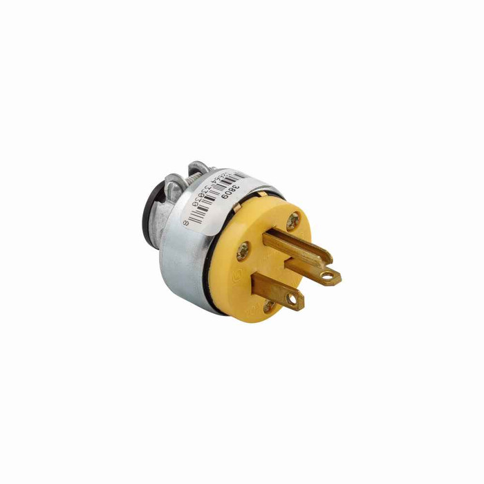 Eaton 3809-SP straight blade plug , #18-12 AWG, 20A, Commercial, 250V, Back wire, Yellow, Brass, Armored vinyl, 6-20P, Two-pole, three-wire, grounding, Screw, 0.25-0.63", Vinyl, Retail Box