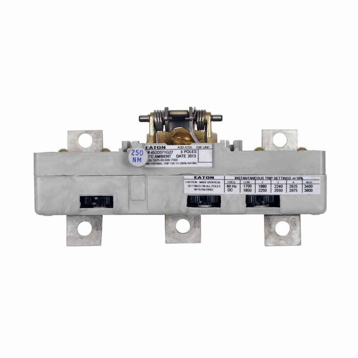 Eaton 452D371G26 molded case circuit breaker accessory trip unit, Trip unit only, 250N Trip unit, G26, 250 A, 20 kAIC at 500 V, 15 kAIC at 250 Vdc, Three-pole, 500 V, 250 Vdc, Thermal magnetic, AQB-A250, 650-1300 A at 500 V Eaton 452D371G26 molded case circuit breaker accessory trip unit, Trip unit only, 250N Trip unit, G26, 250 A, 20 kAIC at 500 V, 15 kAIC at 250 Vdc, Three-pole, 500 V, 250 Vdc, Thermal magnetic, AQB-A250, 650-1300 A at 500 V
