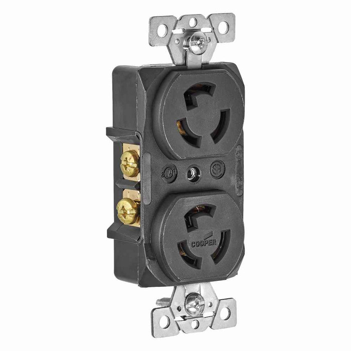 Eaton 4700 safety grip locking receptacle, #14-10 AWG, 15A, Industrial, 125V, Back and side wiring, Black, Brass, Duplex, L5-15, Two-pole, Three-wire, Glass-filled nylon