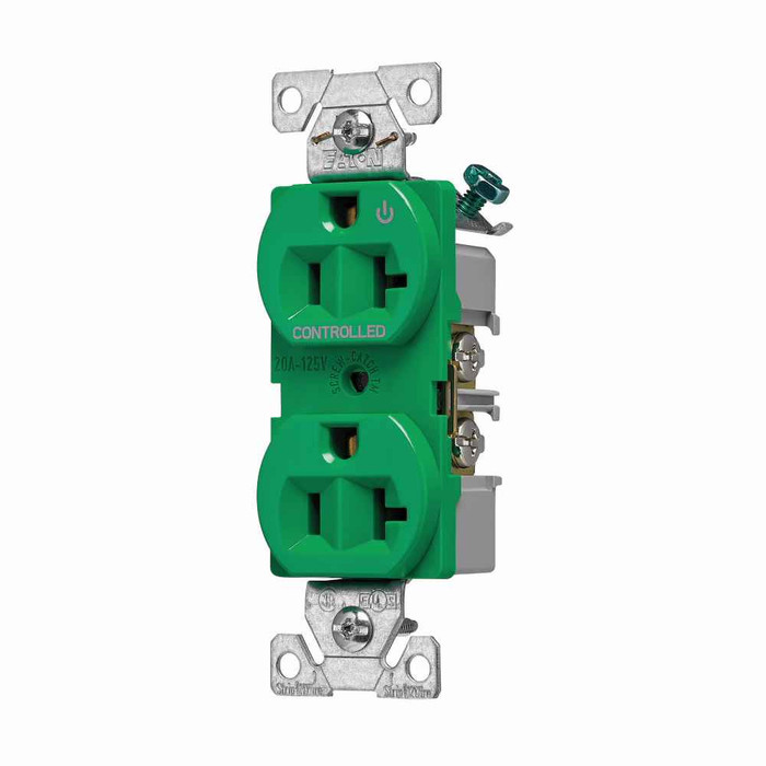 Eaton 5362CHGN Arrow Hart heavy-duty industrial specification grade duplex receptacle,#14-10 AWG,20A,Flush,125V,Back and side,Green,Brass,High-impact nylon face,PVC base,5-20R,Duplex,Screw,Glass-filled nylon,Core pack,Auto-grounding|Half controlled